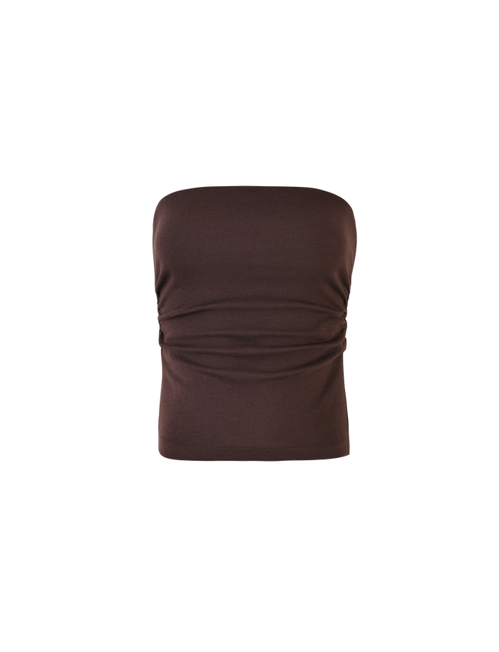 The TIGERMIST HARRIETT RIB TOP - BROWN : CHOCOLATE is a strapless, ribbed jersey tube top with slight side ruching, shown on a plain white background.