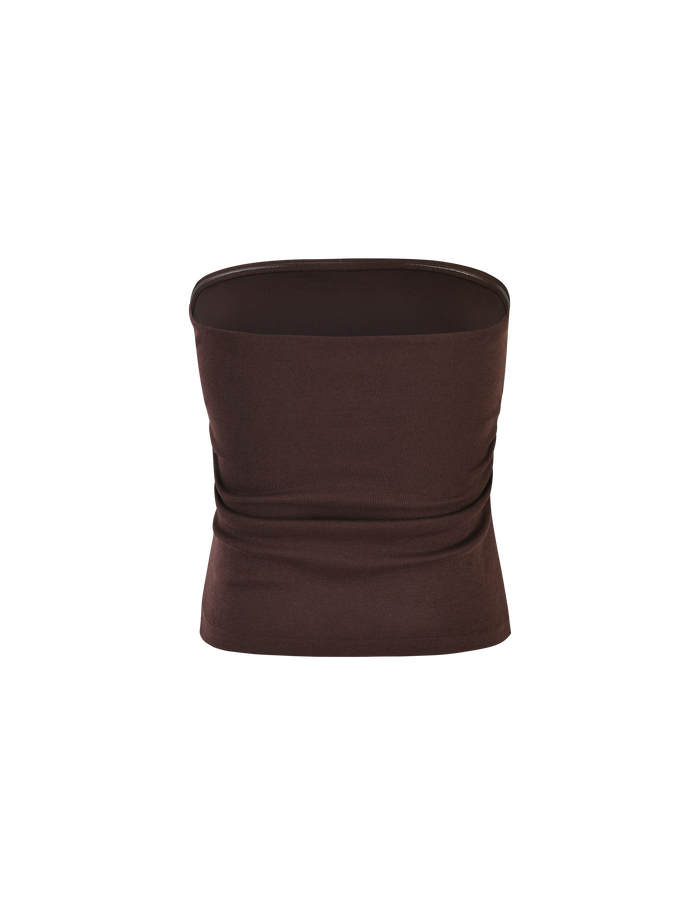 The HARRIETT RIB TOP - BROWN : CHOCOLATE by TIGERMIST is a strapless, form-fitting ribbed jersey tube top in chocolate, featuring a smooth seamless design, shown on a plain white background.