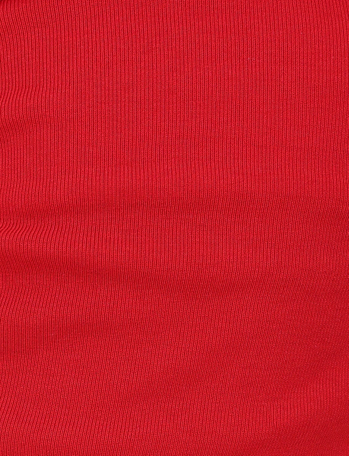 Close-up of the HARRIETT RIB TUBE TOP in red by TIGERMIST. The ribbed texture features vertical lines with subtle shading variations, adding depth and pattern. The fabric appears smooth, stretching horizontally to highlight its elegant strapless style.