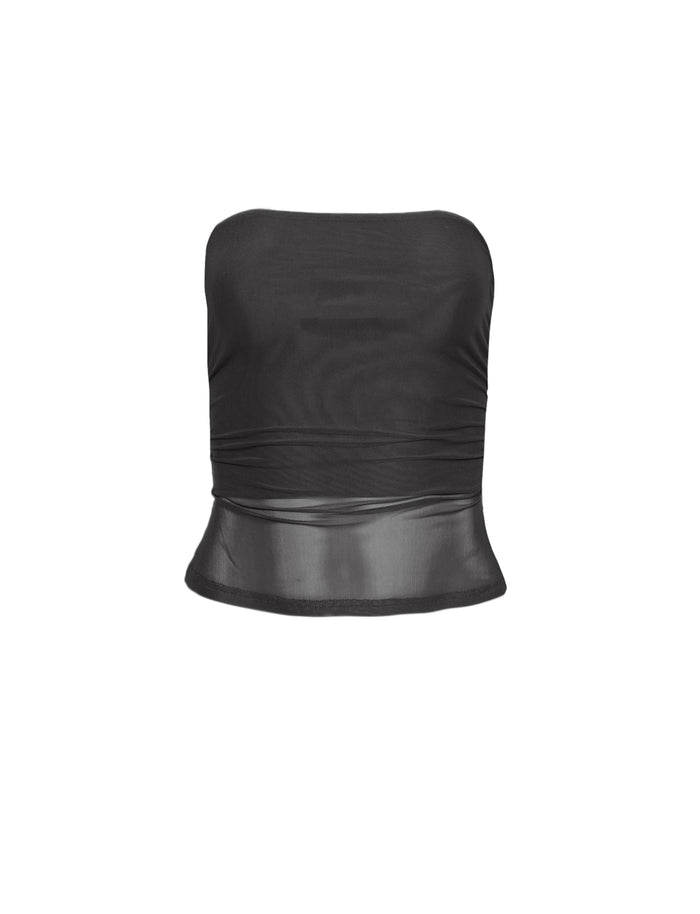 The HARRIETT TUBE TOP - BLACK from TIGERMIST is a strapless mesh tube top with a fitted design and a slight peplum flare at the waist. The see-through fabric includes gathered detailing on the bodice for added texture and style.