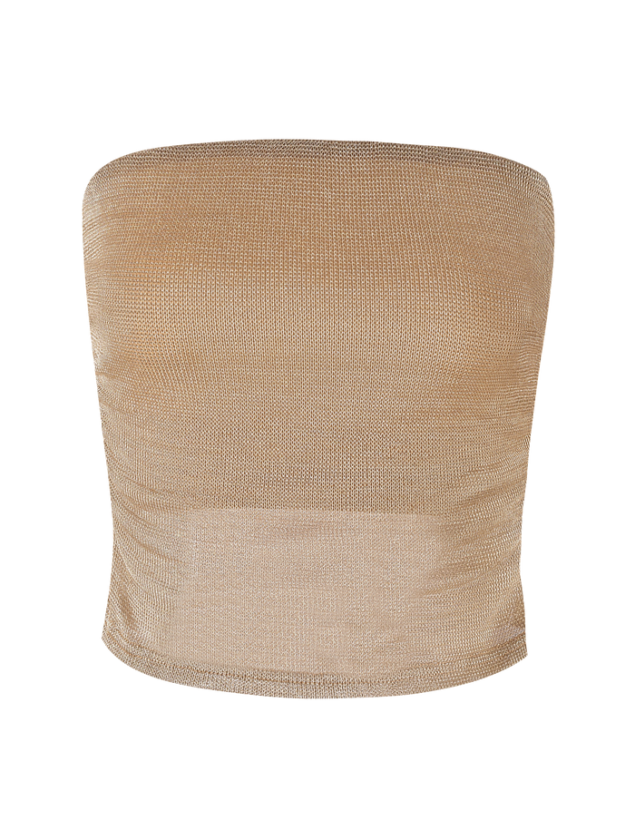 The HARRIETT TUBE TOP - GOLD by TIGERMIST is a strapless, sheer gold metallic mesh top with a fitted silhouette and subtle shimmer, shown against a white background.