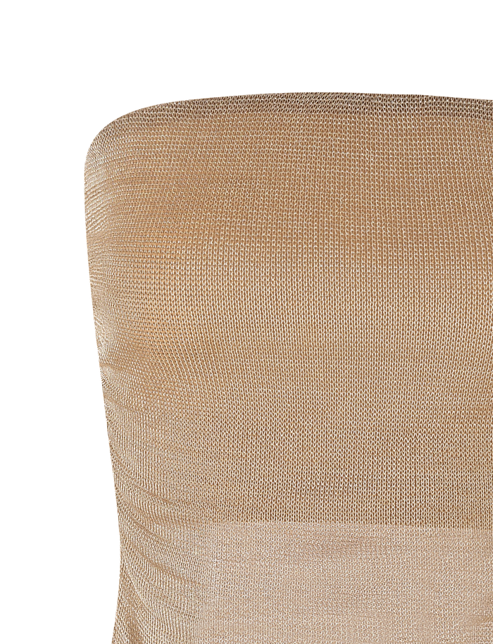A close-up of the TIGERMIST HARRIETT TUBE TOP - GOLD, a strapless top in textured, shimmery gold jersey. Only the upper chest and torso are visible; the head, arms, and background are not shown.