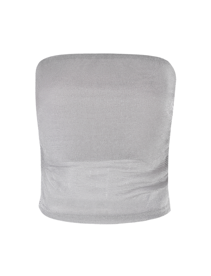 The TIGERMIST HARRIETT TUBE TOP in silver is a light gray, strapless mesh top featuring a fitted silhouette, subtle side ruching, and a sheer hem for an alluring finish.