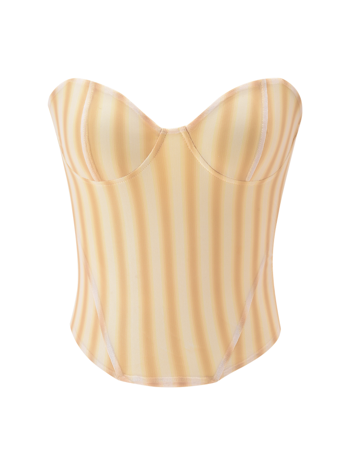The TIGERMIST HAVANA CORSET - YELLOW STRIPE features structured cups, a sweetheart neckline, and a fitted bodice, shown against a plain white background.
