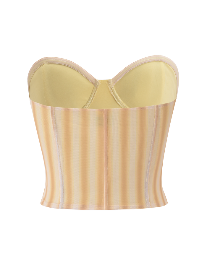 The TIGERMIST HAVANA CORSET - YELLOW STRIPE is a strapless bustier top with structured cups, vertical seams, and a subtle sweetheart neckline, shown against a white background.
