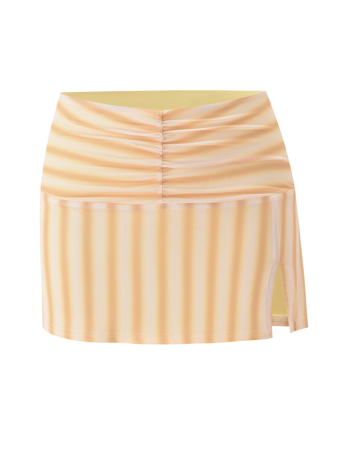 The TIGERMIST HAVANA SKIRT - YELLOW STRIPE is a mesh mini skirt with white accents, a ruched front waistband, asymmetrical hem, and small side slit. Shown against a plain white background.