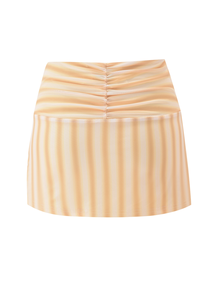 The TIGERMIST HAVANA SKIRT - YELLOW STRIPE is a short, high-waisted mini skirt featuring vertical pastel stripes and a ruched waistband in smooth, slightly shiny fabric, displayed on a plain white background.