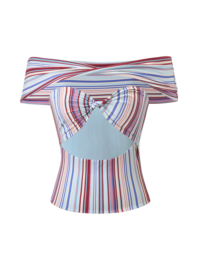 The HAZE TWIST TOP - VARIEGATED STRIPE by TIGERMIST is an off-shoulder fitted top with multicolored vertical and diagonal stripes, a twisted front detail, and a cutout below the bust—ideal for matching sets.
