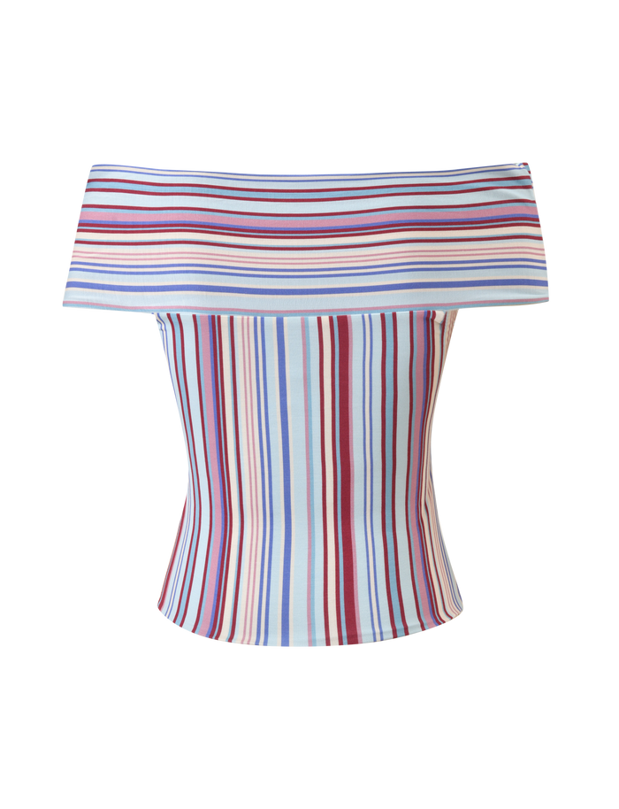 The HAZE TWIST TOP - VARIEGATED STRIPE by TIGERMIST features an off-shoulder design with blue, red, and purple stripes on a white background. It has horizontal stripes on the band, vertical stripes on the body, and pairs well with its matching set.