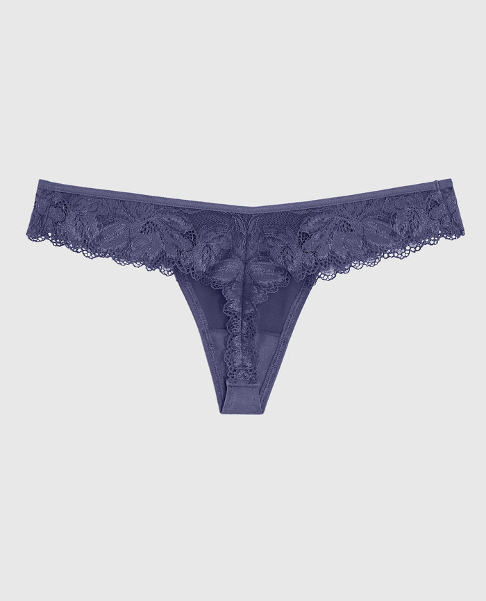 High Leg Lace Thong in Dusk Blue