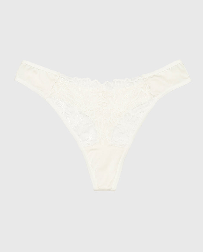 High Leg Lace Thong Panty in Ivory