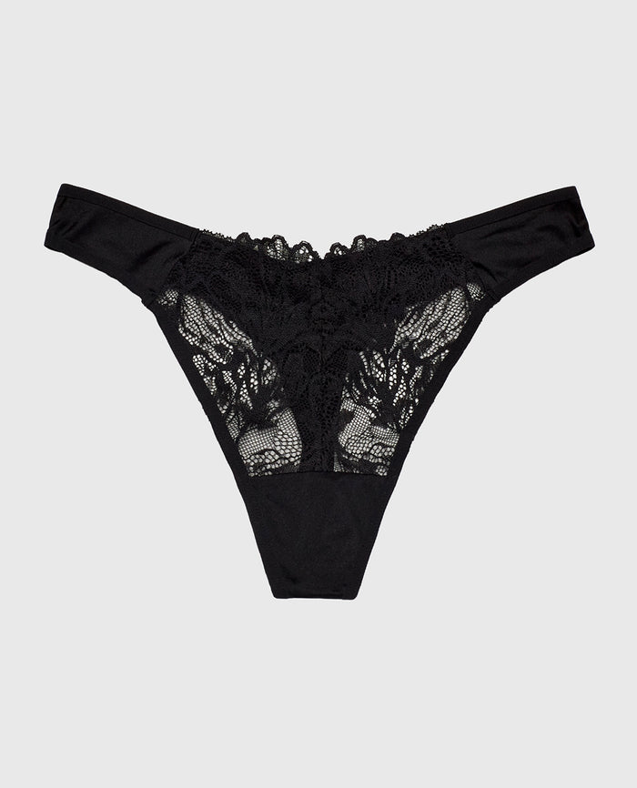 High Leg Lace Thong Panty in Tuxedo Black
