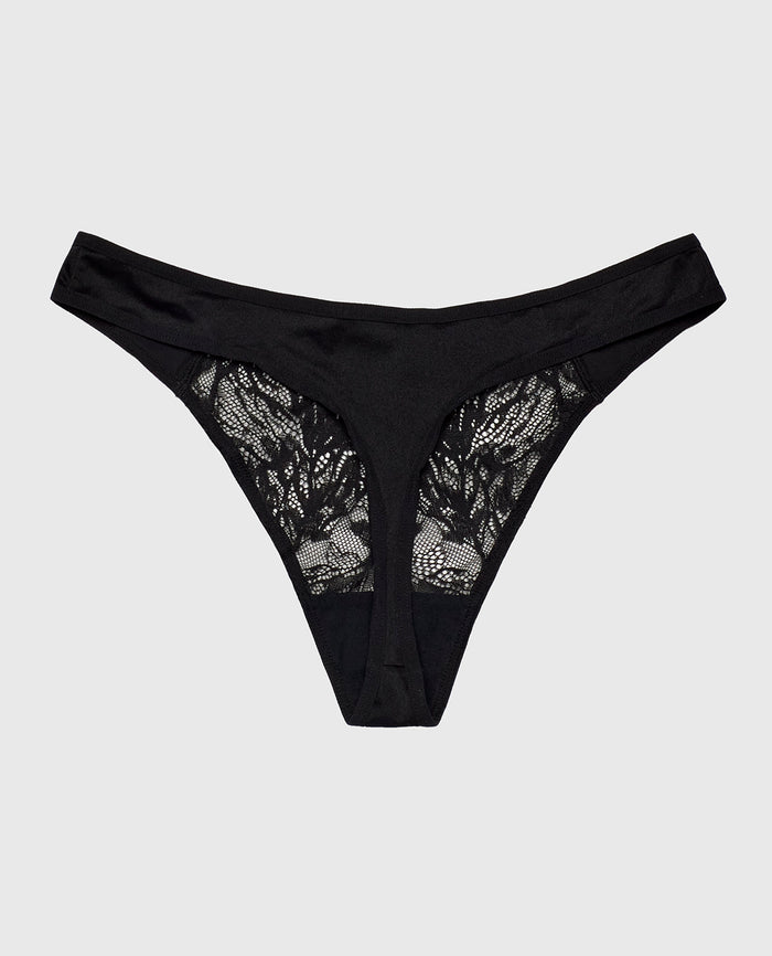 High Leg Lace Thong Panty in Tuxedo Black
