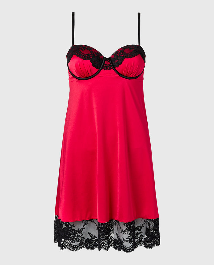 High Shine Microfiber Slip With Opulent Lace in Crimson