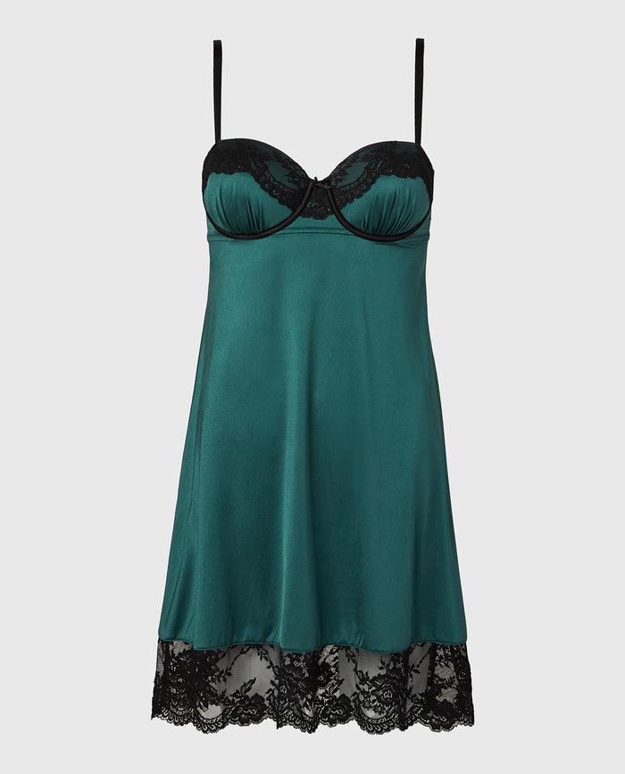 High Shine Microfiber Slip With Opulent Lace in Emerald Green