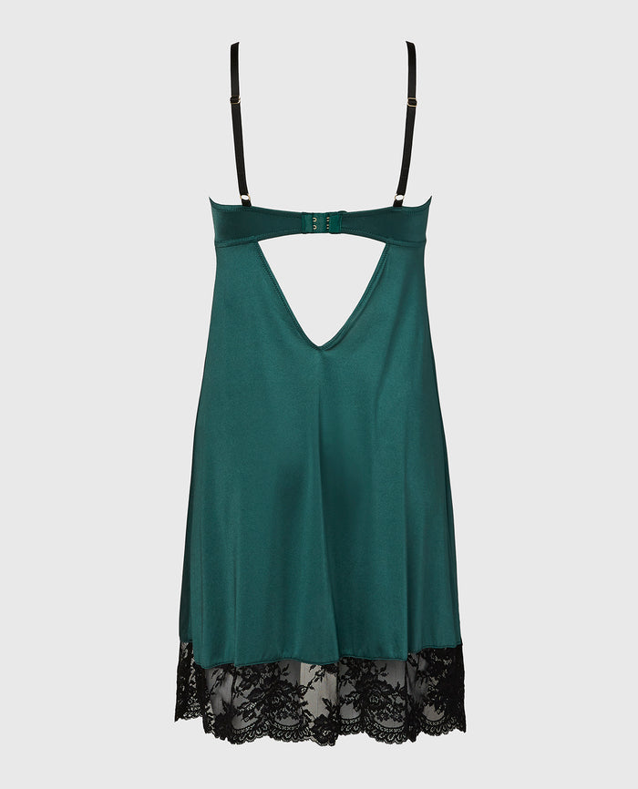 High Shine Microfiber Slip With Opulent Lace in Emerald Green
