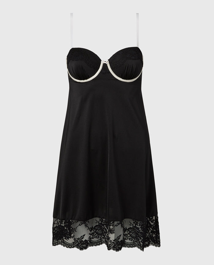 High Shine Microfiber Slip With Opulent Lace in Tuxedo Black