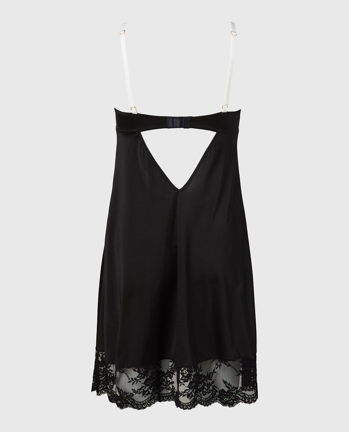 High Shine Microfiber Slip With Opulent Lace in Tuxedo Black