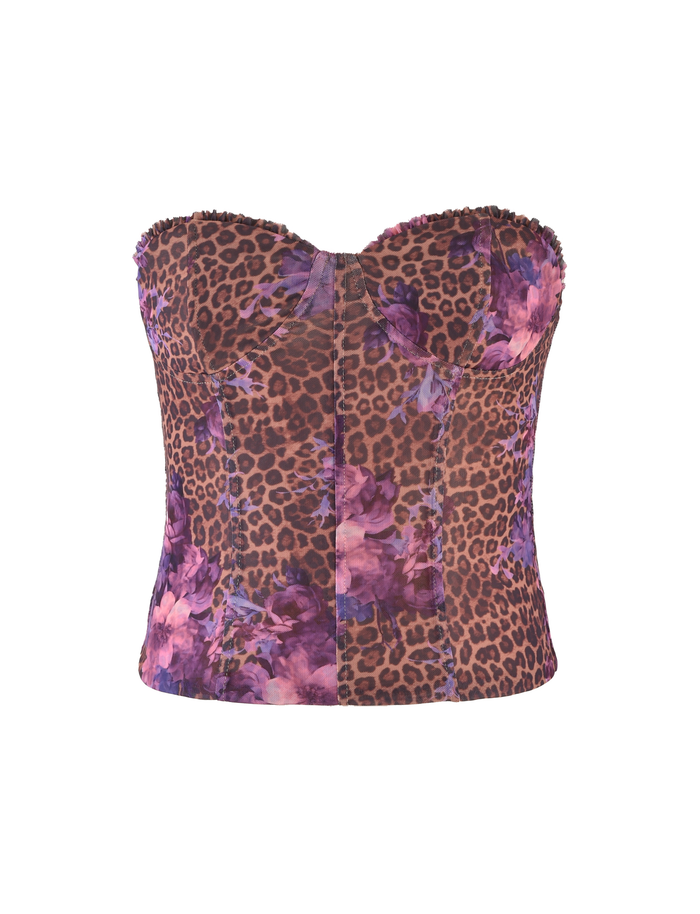 The HOLLIS TOP by TIGERMIST is a strapless corset with a tailored fit, sweetheart neckline, and standout floral leopard print on a neutral base.