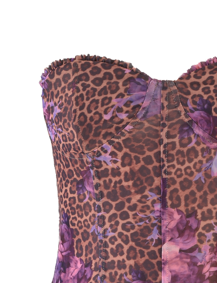 A close-up of the TIGERMIST HOLLIS TOP in Neutral Floral Leopard, featuring a strapless, tailored fit with floral and leopard print, visible seams, and a slightly ruffled top edge.