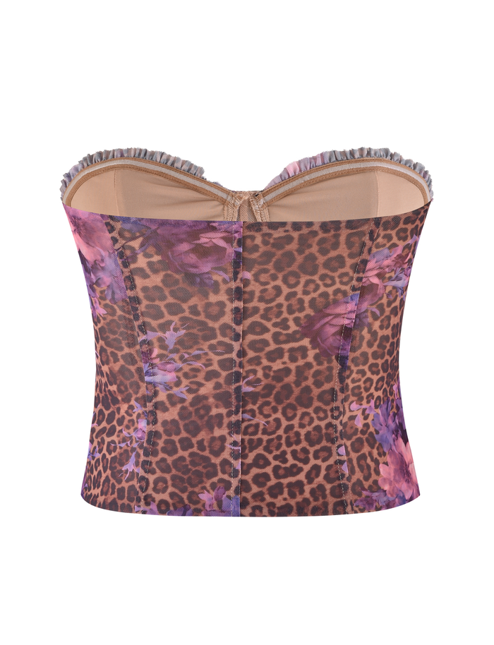 The TIGERMIST HOLLIS TOP features a strapless corset design with bold leopard and purple floral prints, accented by a ruffle trim along the top edge, shown against a plain white background.