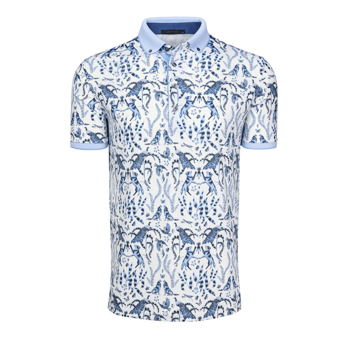 Arctic Marine All-Over Print Men's Golf Polo - Front View, Contrast Collar | Greyson Clothiers