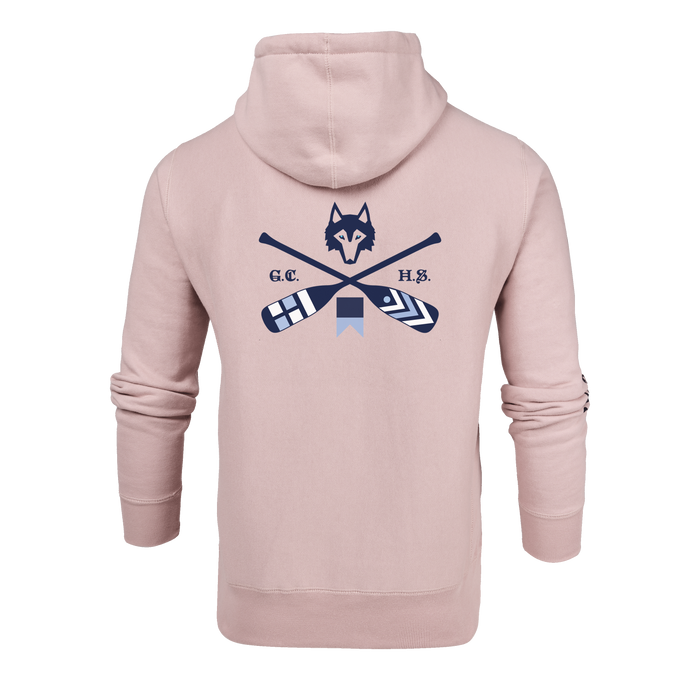 Blush H.S. Crossed Paddles Fireside Hoodie - Back View with Wolf & Crossed Paddles Graphic | Greyson Clothiers