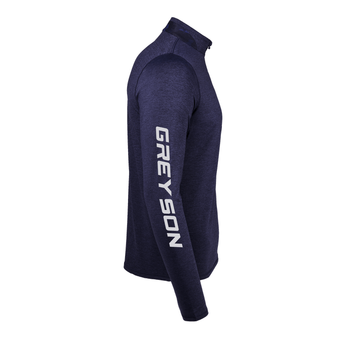 Maltese Blue H.S. Crossed Paddles Guide Sport Quarter-Zip - Side View, Sleeve Branding | Greyson Clothiers