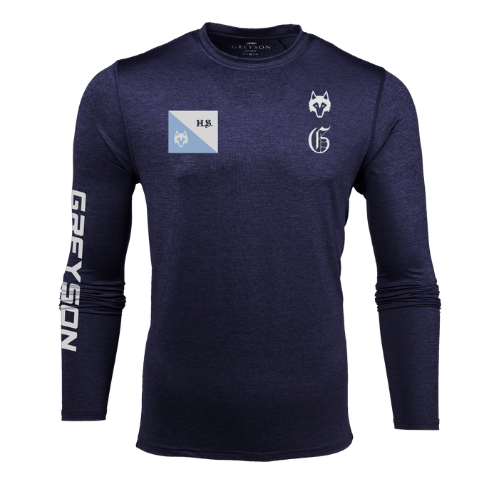 Maltese Blue H.S. Life Saver Guide Sport Long Sleeve Tee - Front View, Wolf & H.S. Badge Graphic | Greyson Clothiers