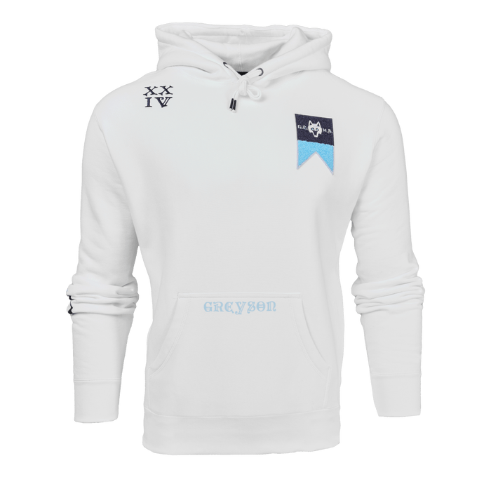 Arctic H.S. Nautical Fireside Hoodie - Front View, Wolf Pennant Chest Patch & Greyson Pocket Logo | Greyson Clothiers