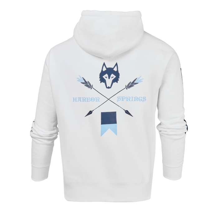 Arctic H.S. Nautical Fireside Hoodie - Back Graphic Close-Up, Wolf Cross-Arrow Harbor Springs Print | Greyson Clothiers