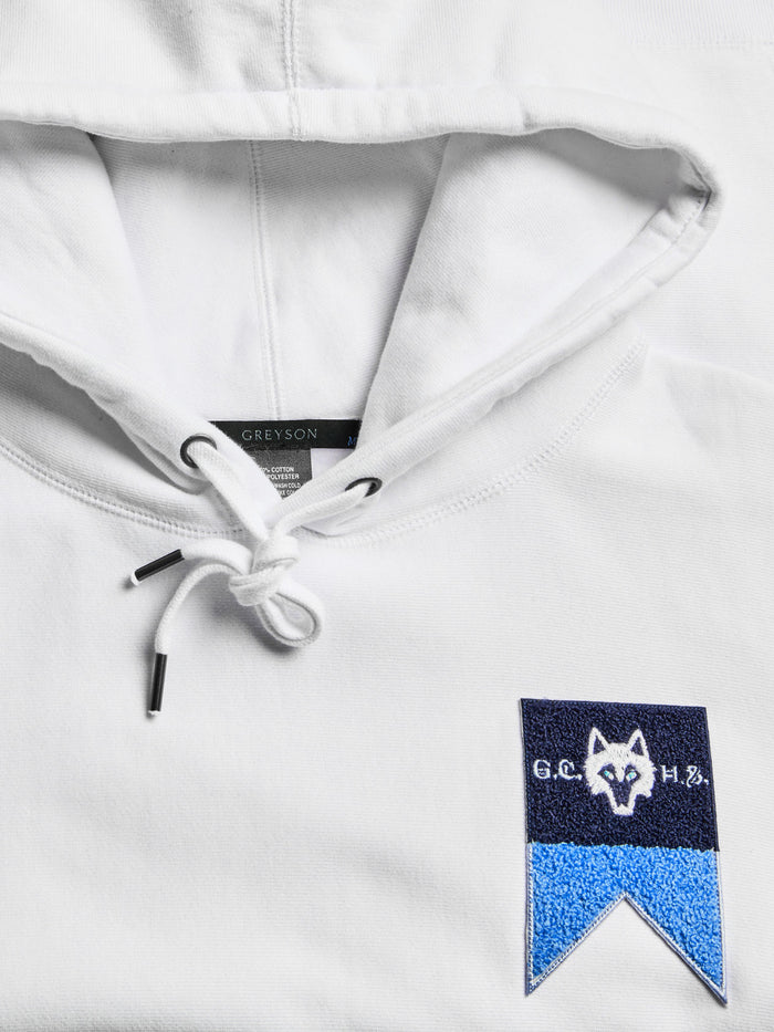 H.S. Nautical Fireside Hoodie - Wolf Pennant Chest Patch & Greyson Interior Label Close-Up | Greyson Clothiers