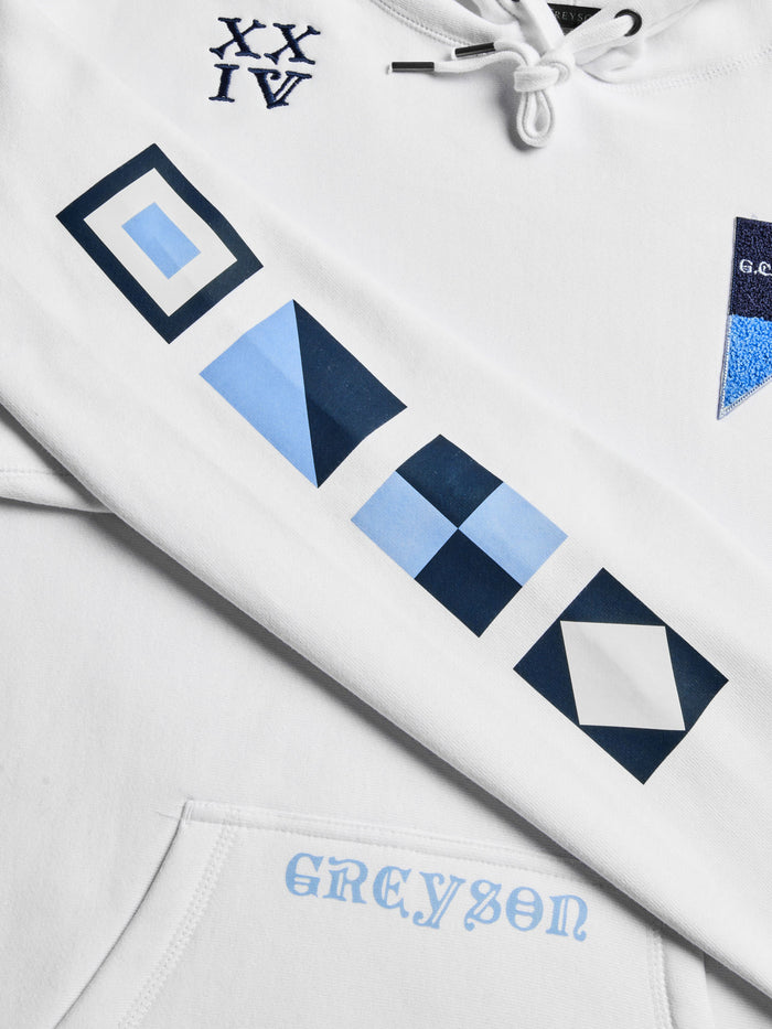 H.S. Nautical Fireside Hoodie - Nautical Signal Flag Sleeve Print Detail, Wolf Pennant Patch | Greyson Clothiers