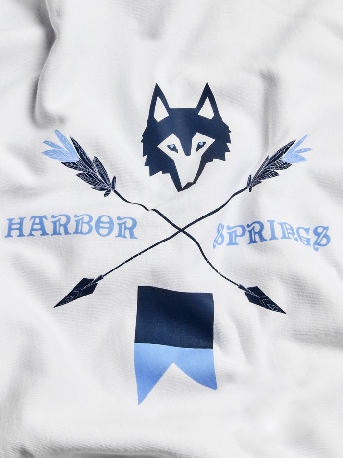 H.S. Nautical Fireside Hoodie - Harbor Springs Wolf Crossed-Arrow Back Graphic Close-Up | Greyson Clothiers