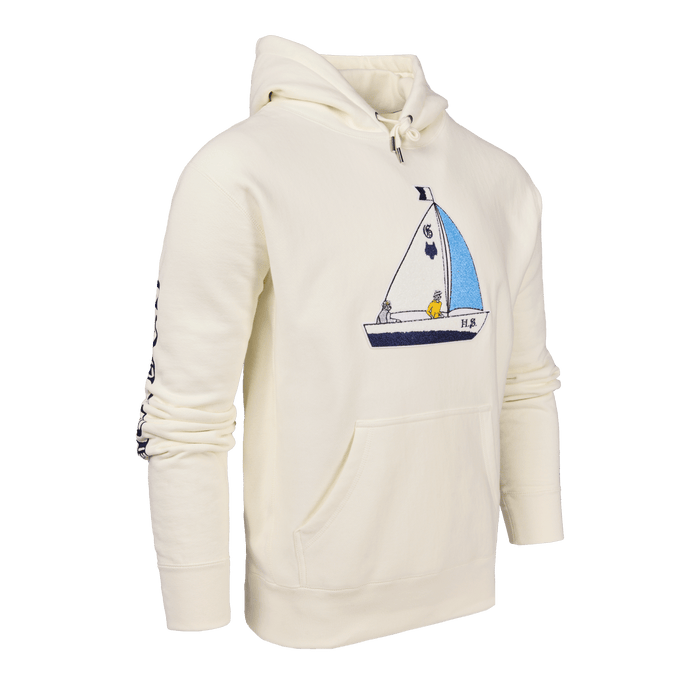 Bone H.S. Sailing Wolf Fireside Hoodie - Three-Quarter View, Greyson Sleeve Lettering | Greyson Clothiers