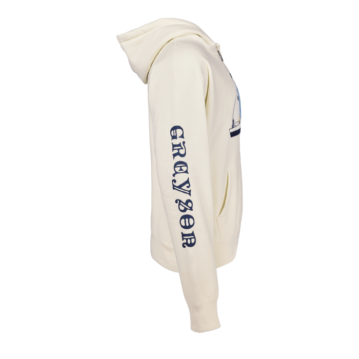 Bone H.S. Sailing Wolf Fireside Hoodie - Side View, Greyson Sleeve Graphic Detail | Greyson Clothiers
