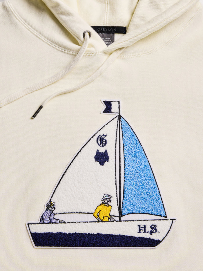 H.S. Sailing Wolf Fireside Hoodie - Sailboat Wolf Embroidered Chest Patch Close-Up | Greyson Clothiers