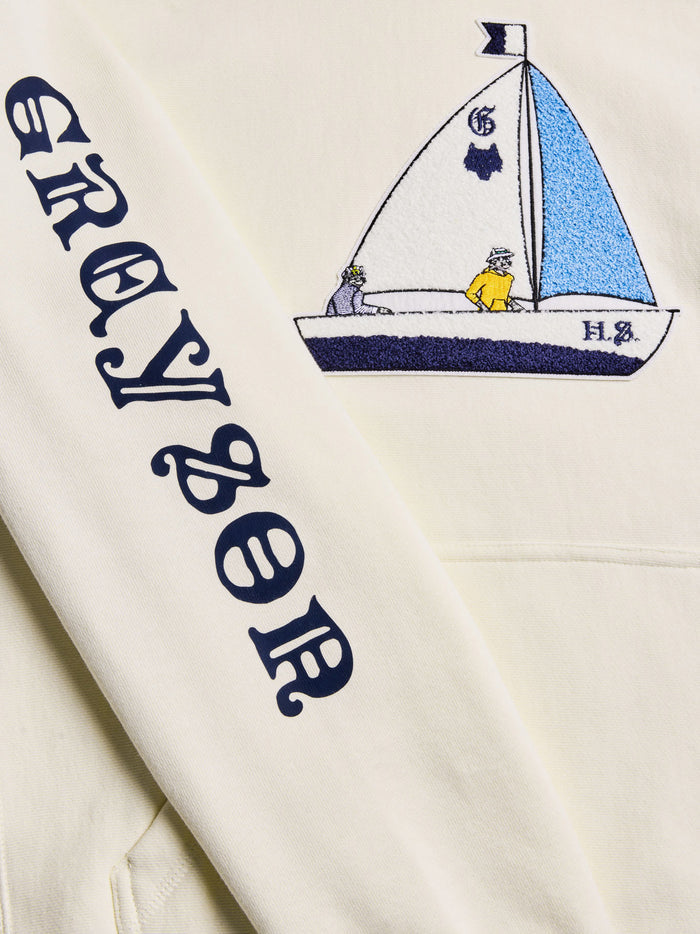 H.S. Sailing Wolf Fireside Hoodie - Navy Greyson Sleeve Print and Sailboat Patch Detail | Greyson Clothiers