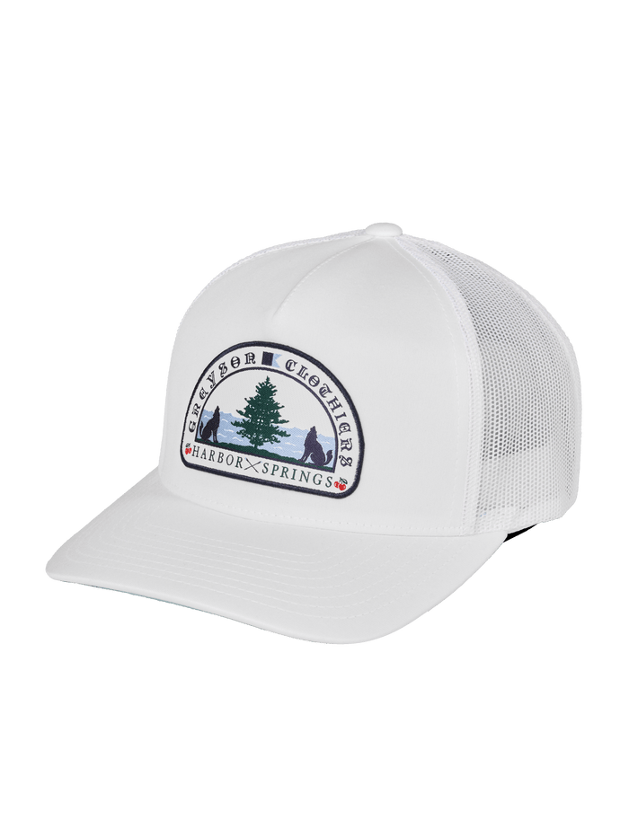 Arctic H.S. Woven Patch Trucker Hat - Front View, Harbor Springs Wolf Scene Patch | Greyson Clothiers