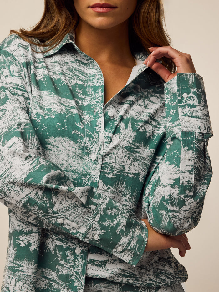 Marsh Huntress Toile Ashe Button-Down - Engraved Button & Cuff Detail Close-Up | Greyson Clothiers