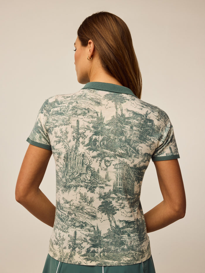 Marsh Huntress Toile Leith Merino Short Sleeve Sweater - Back View, Toile Print Detail | Greyson Clothiers