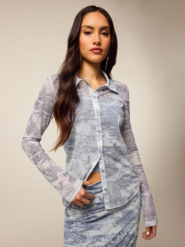 Vintage Indigo Huntress Toile Mesh Button-Down Shirt - Front Three-Quarter View | Greyson Clothiers