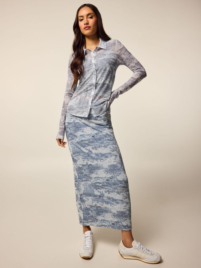 Vintage Indigo Huntress Toile Mesh Button-Down Shirt - Full Length Styled Look | Greyson Clothiers