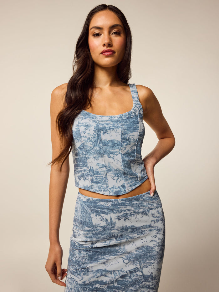 Vintage Indigo Huntress Toile Mesh Corset Top - Front View On Model, Structured Seam Detail | Greyson Clothiers