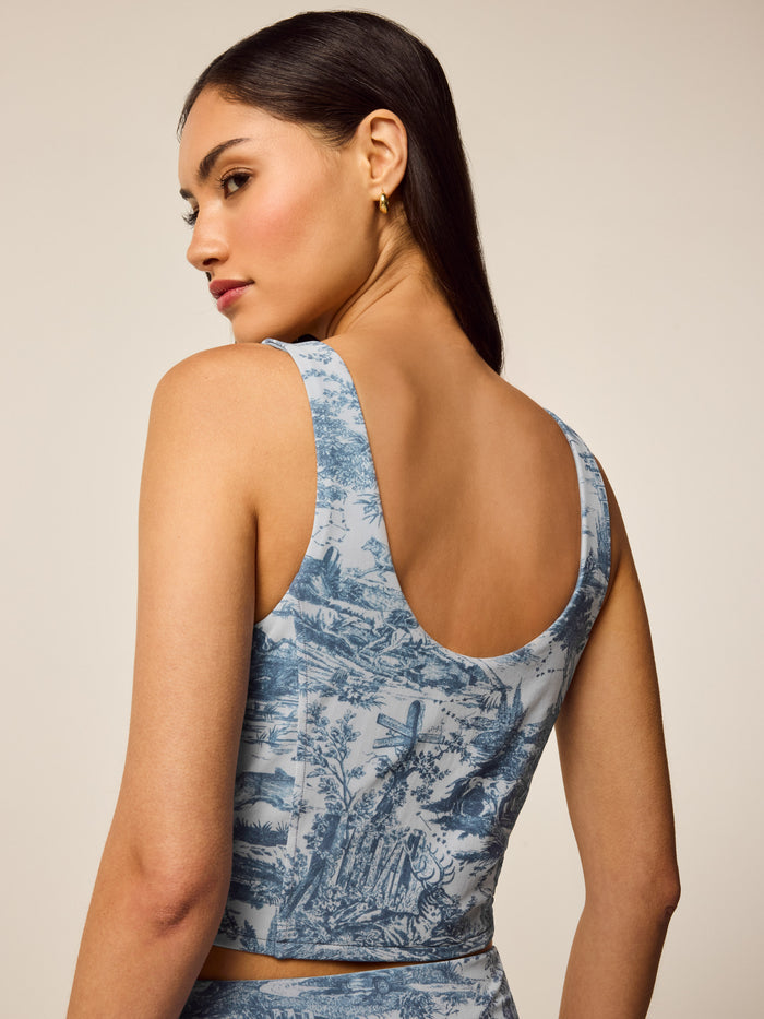 Vintage Indigo Huntress Toile Mesh Corset Top - Back View On Model, Scoop Back Neckline | Greyson Clothiers