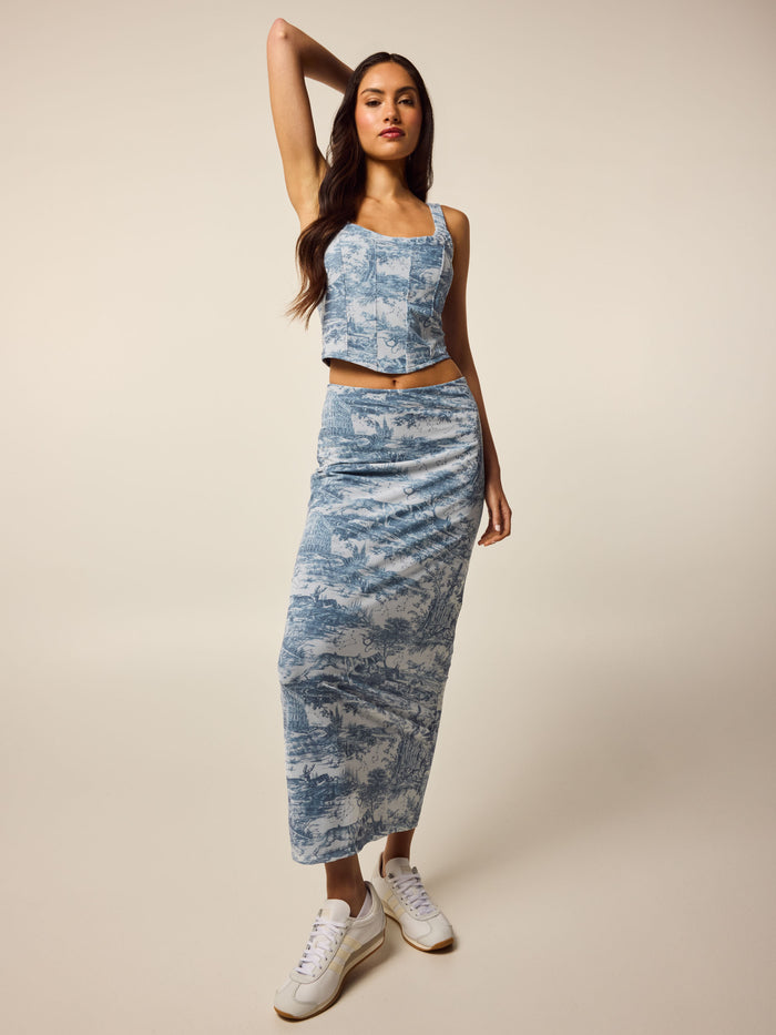 Vintage Indigo Huntress Toile Mesh Corset Top - Full Length Styled Look with Matching Maxi Skirt | Greyson Clothiers