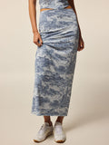 Vintage Indigo Huntress Toile Mesh Midi Skirt - Front On-Model, Stretch Silhouette | Greyson Clothiers