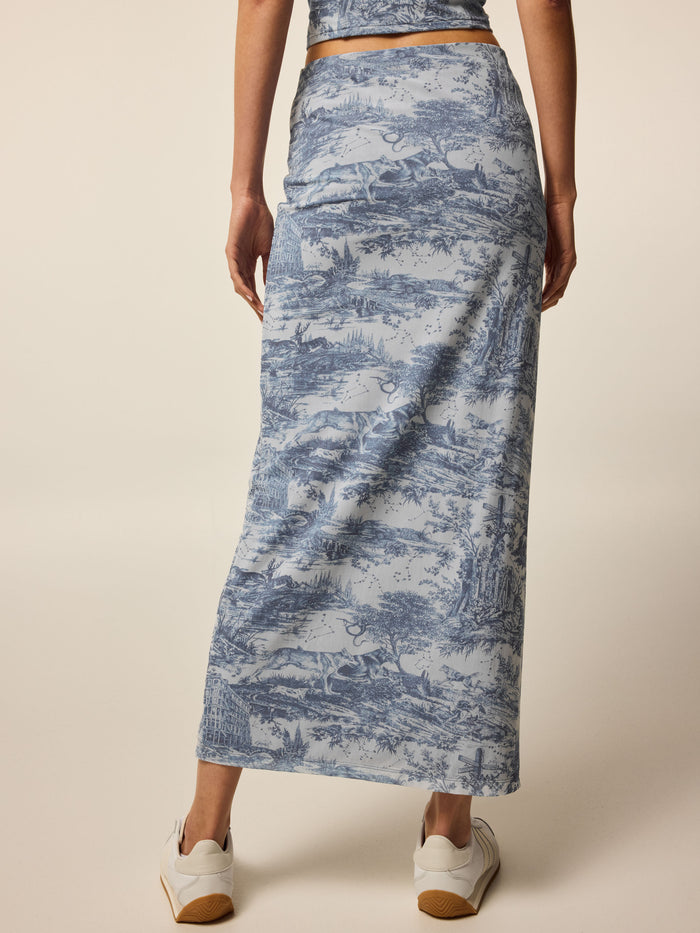 Vintage Indigo Huntress Toile Mesh Midi Skirt - Back On-Model, Wolf Print Detail | Greyson Clothiers