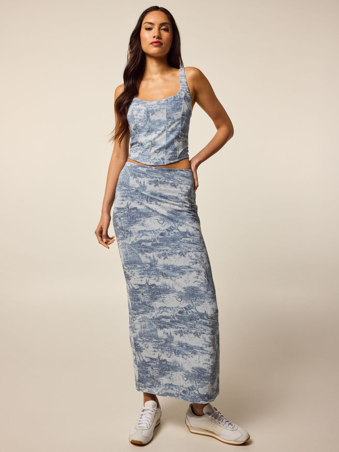 Vintage Indigo Huntress Toile Mesh Midi Skirt - Full Length Styled Look, Matched Set | Greyson Clothiers