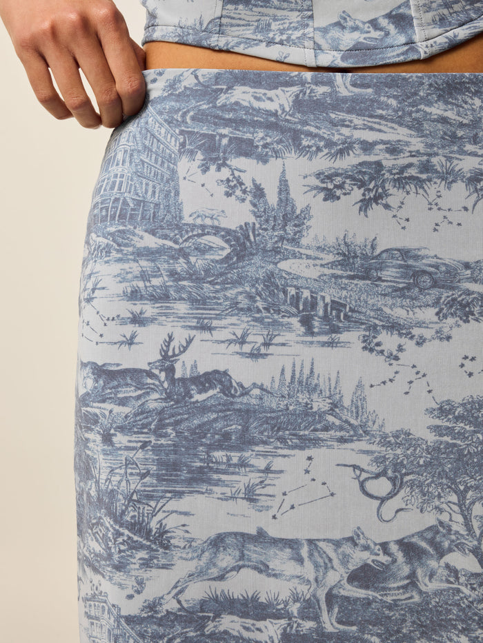 Huntress Toile Mesh Midi Skirt Vintage Indigo - Toile Wolf Print Fabric Close-Up | Greyson Clothiers